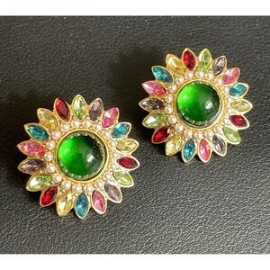Mogul Earrings Bezel Set Cabochon Multicolor Gold Tone Signed Kovonchy New